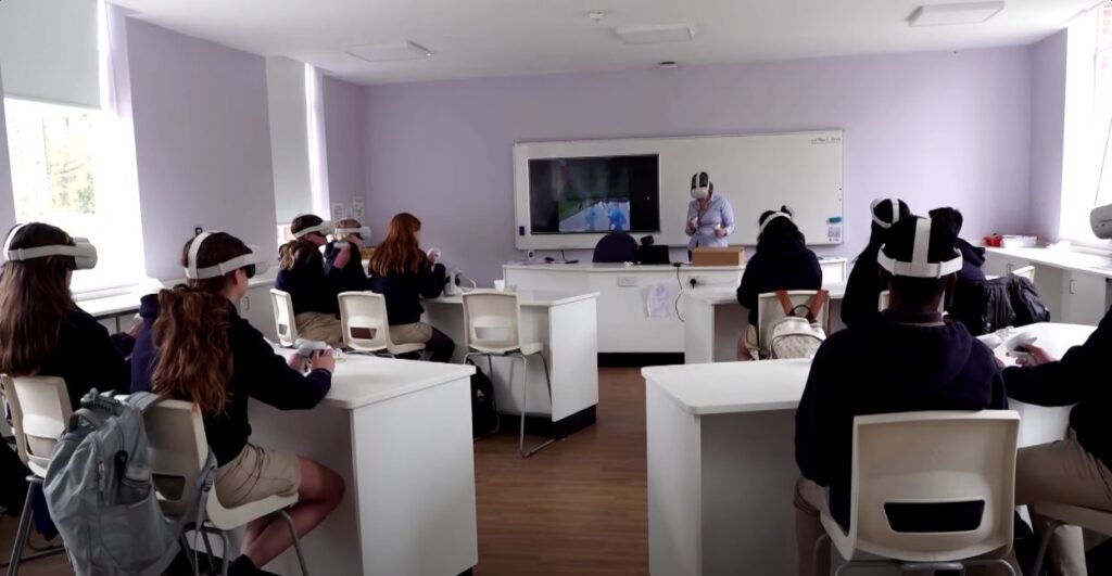 student wearing VR in classroom